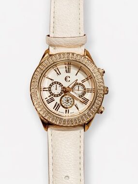 Charming Charlie Gold Rhinestone Watch 
 White Leather Strap Glam Crystal Bezel